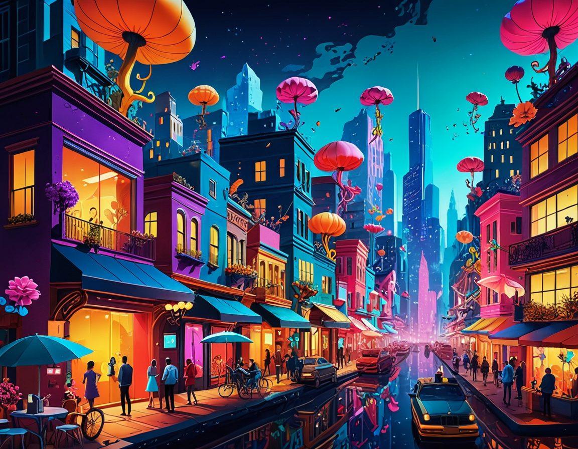 A surreal illustration of a vibrant cityscape where animated figures express unique fetishes, blending fantasy and desire in a playful, colorful style. The characters are shown engaging in various activities that symbolize personal quirks and fantasies, set against a backdrop of exaggerated, dreamlike architectures. Bright neon colors and whimsical elements should fill the scene to enhance the viewer's curiosity. Incorporate subtle hints of adult themes without being explicit. digital art. vibrant colors. fantasy style.