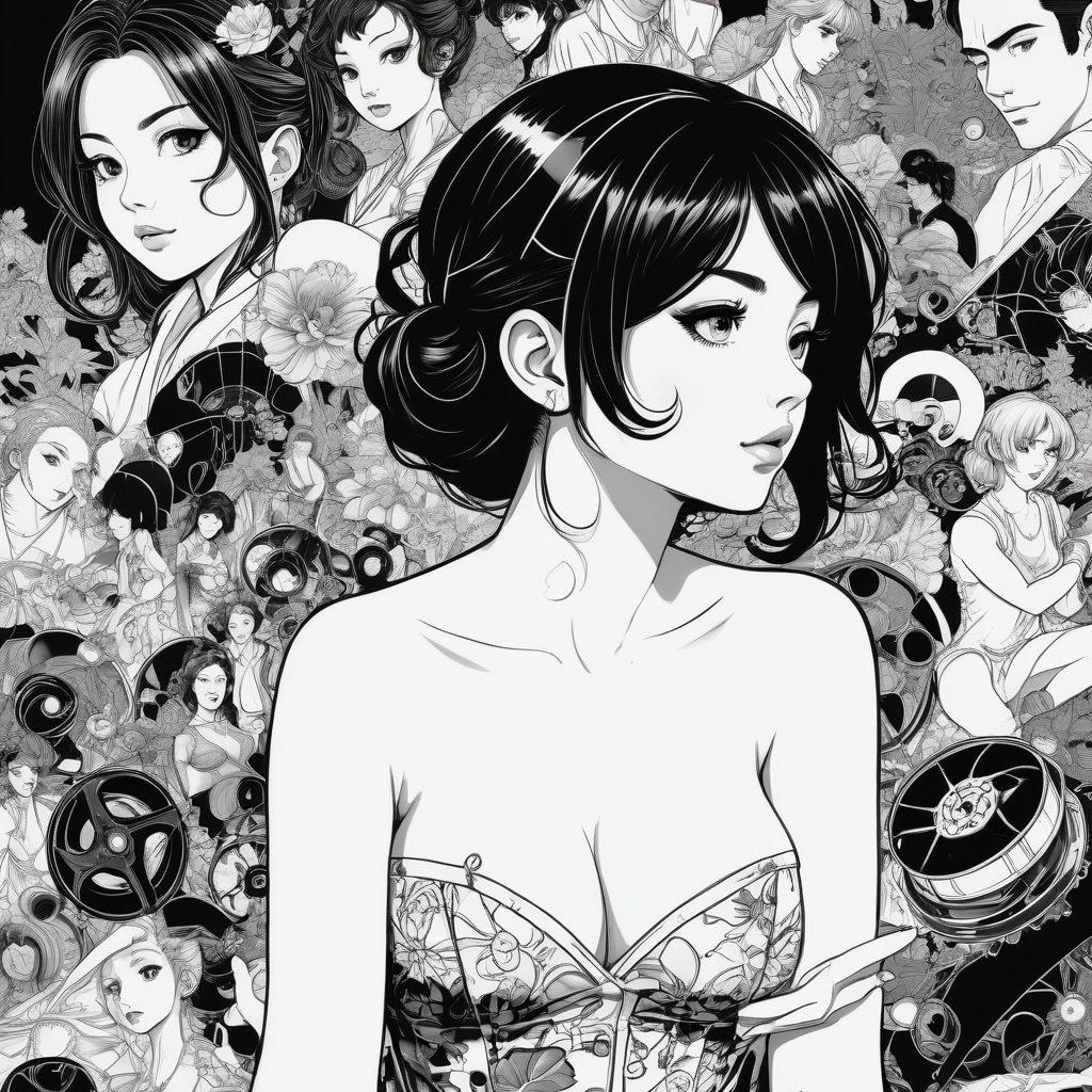 A dynamic collage showcasing the transformation from classic manga illustrations to modern animated erotica, blending various art styles. Include iconic manga characters in their original black-and-white sketches, transitioning into vibrant, colored animated scenes with contemporary adult themes. The background should depict a film reel to symbolize the evolution onto the screen, with playful yet tasteful elements that respect the genre. super-realistic. vibrant colors. cinematic style.